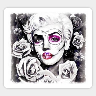 Retro sugar skull blonde with roses black and white Sticker